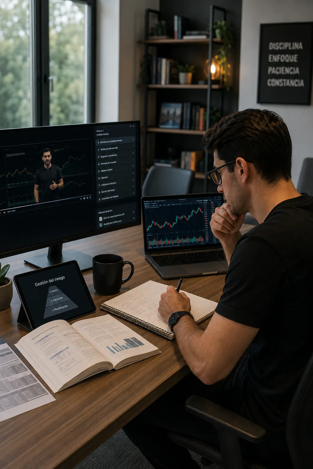 Estudiante siguiendo una clase online mientras toma apuntes junto a material de estudio